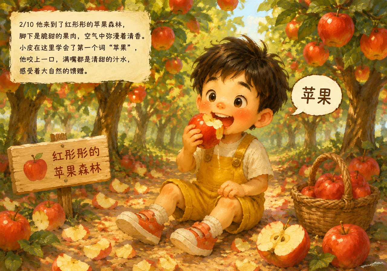 他来到了红彤彤的苹果森林，脚下是脆甜的果肉，空气中弥漫着清香。小皮在这里学会了第一个词“苹果”，他咬上一口，满嘴都是清甜的汁水，感受着大自然的馈赠。