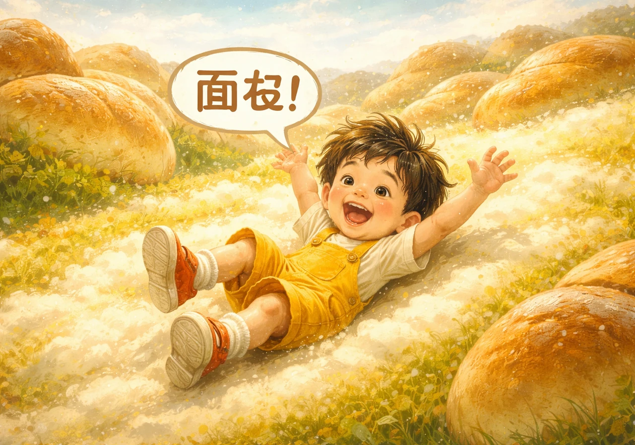 远处是连绵起伏的面包山脉，空气中弥漫着刚出炉的麦香。他在松软如云朵的山坡上尽情翻滚，大声念出“面包”这个词，感受着那份扎实而温暖的依靠。