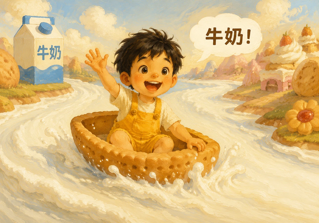 一条洁白的牛奶河在眼前静静流淌，小皮坐上饼干小船顺流而下。他一边挥手一边喊着“牛奶”，洁白的浪花拍打着船舷，带他漂向更远的远方。