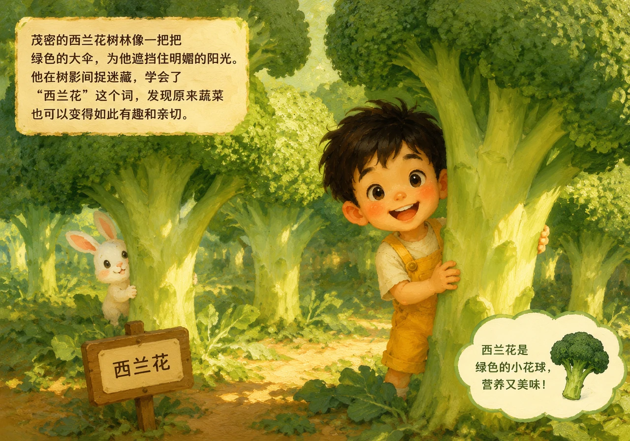 茂密的西兰花树林像一把把绿色的大伞，为他遮挡住明媚的阳光。他在树影间捉迷藏，学会了“西兰花”这个词，发现原来蔬菜也可以变得如此有趣和亲切。