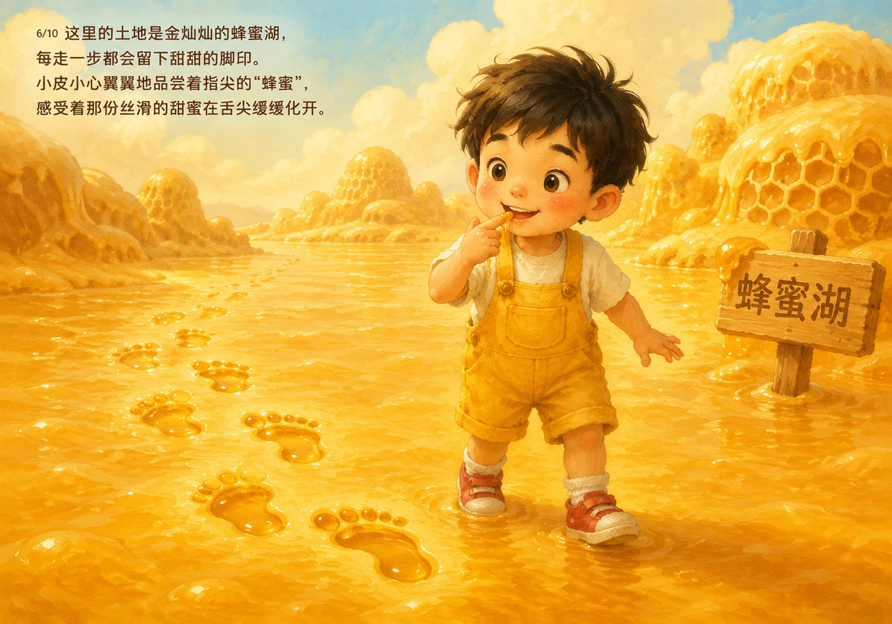 这里的土地是金灿灿的蜂蜜湖，每走一步都会留下甜甜的脚印。小皮小心翼翼地品尝着指尖的“蜂蜜”，感受着那份丝滑的甜蜜在舌尖缓缓化开。