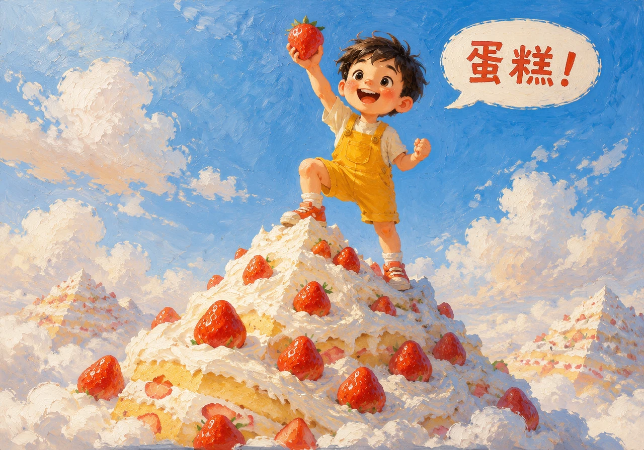 巨大的草莓蛋糕山矗立在云端，奶油像雪花一样洁白。他勇敢地攀登到山顶，把红亮的草莓当成胜利的宝藏，对着天空欢快地喊出“蛋糕”。