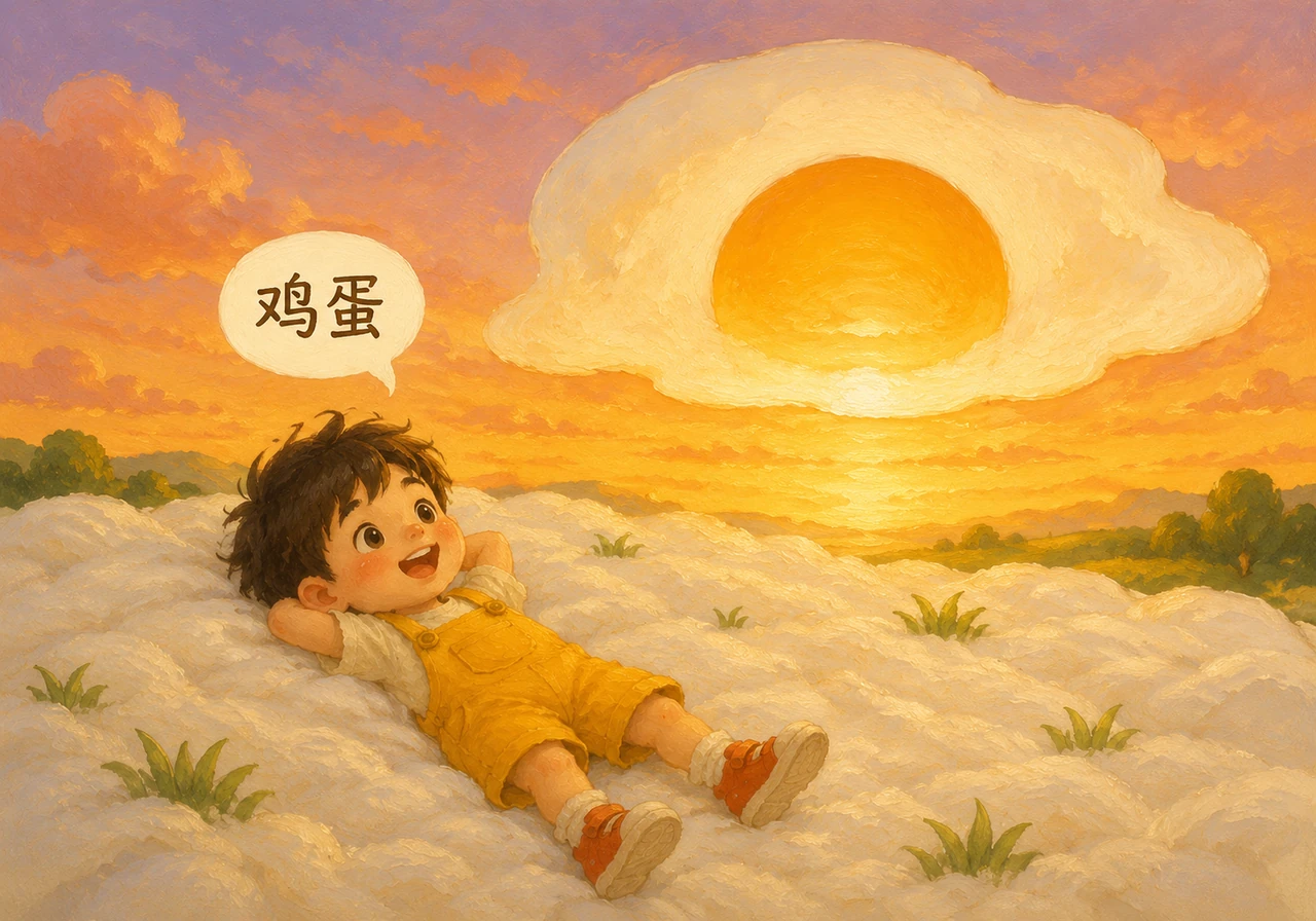 太阳落山时，天边出现了一个巨大的煎蛋，蛋黄像夕阳一样温暖。小皮躺在蛋白铺成的柔软草坪上，对着天空轻轻说出“鸡蛋”，在宁静中感受生命的奇妙。