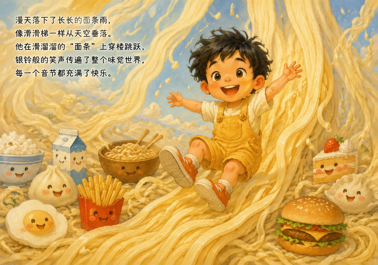 漫天落下了长长的面条雨，像滑滑梯一样从天空垂落。他在滑溜溜的“面条”上穿梭跳跃，银铃般的笑声传遍了整个味觉世界，每一个音节都充满了快乐。