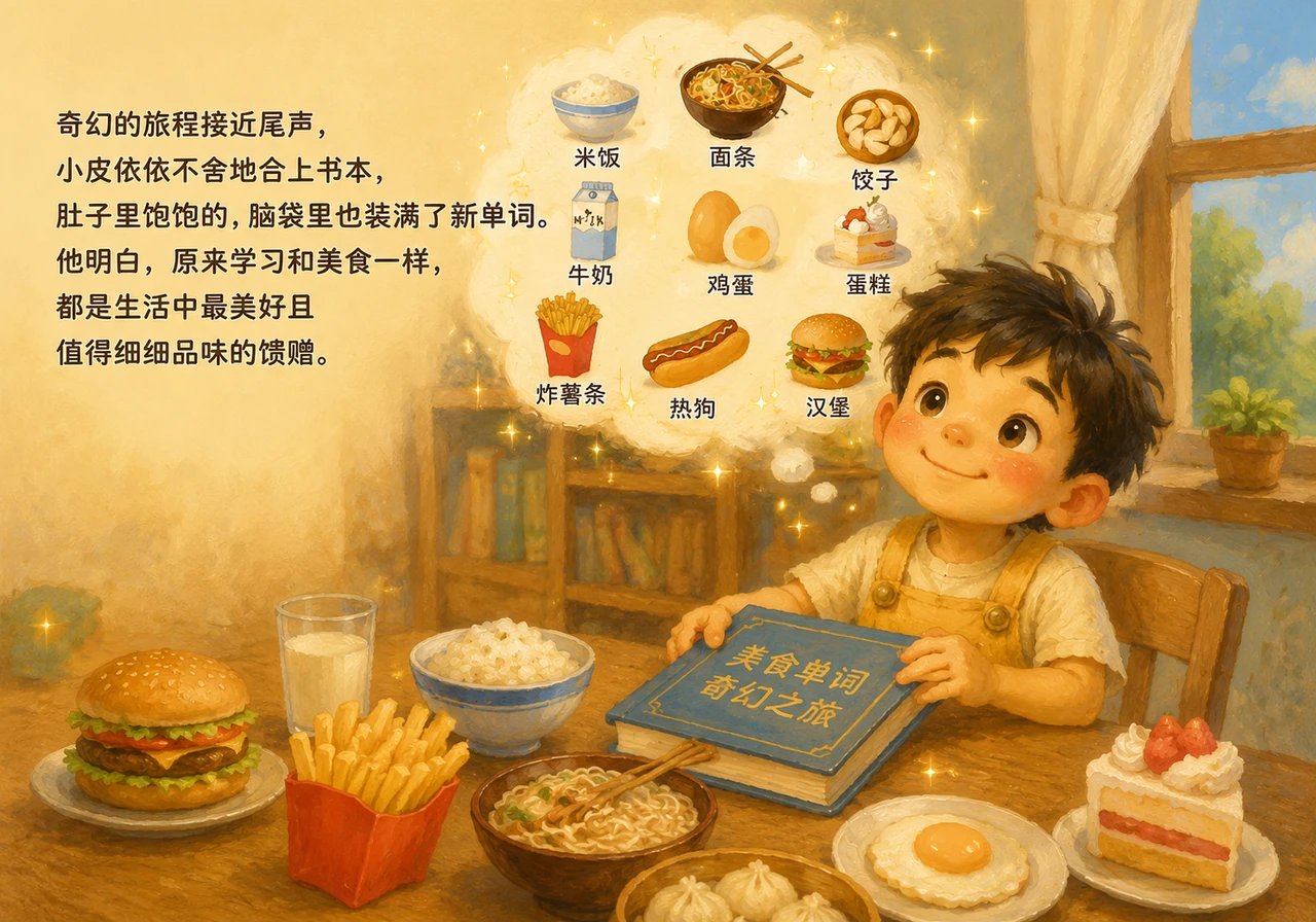 奇幻的旅程接近尾声，小皮依依不舍地合上书本，肚子里饱饱的，脑袋里也装满了新单词。他明白，原来学习和美食一样，都是生活中最美好且值得细细品味的馈赠。