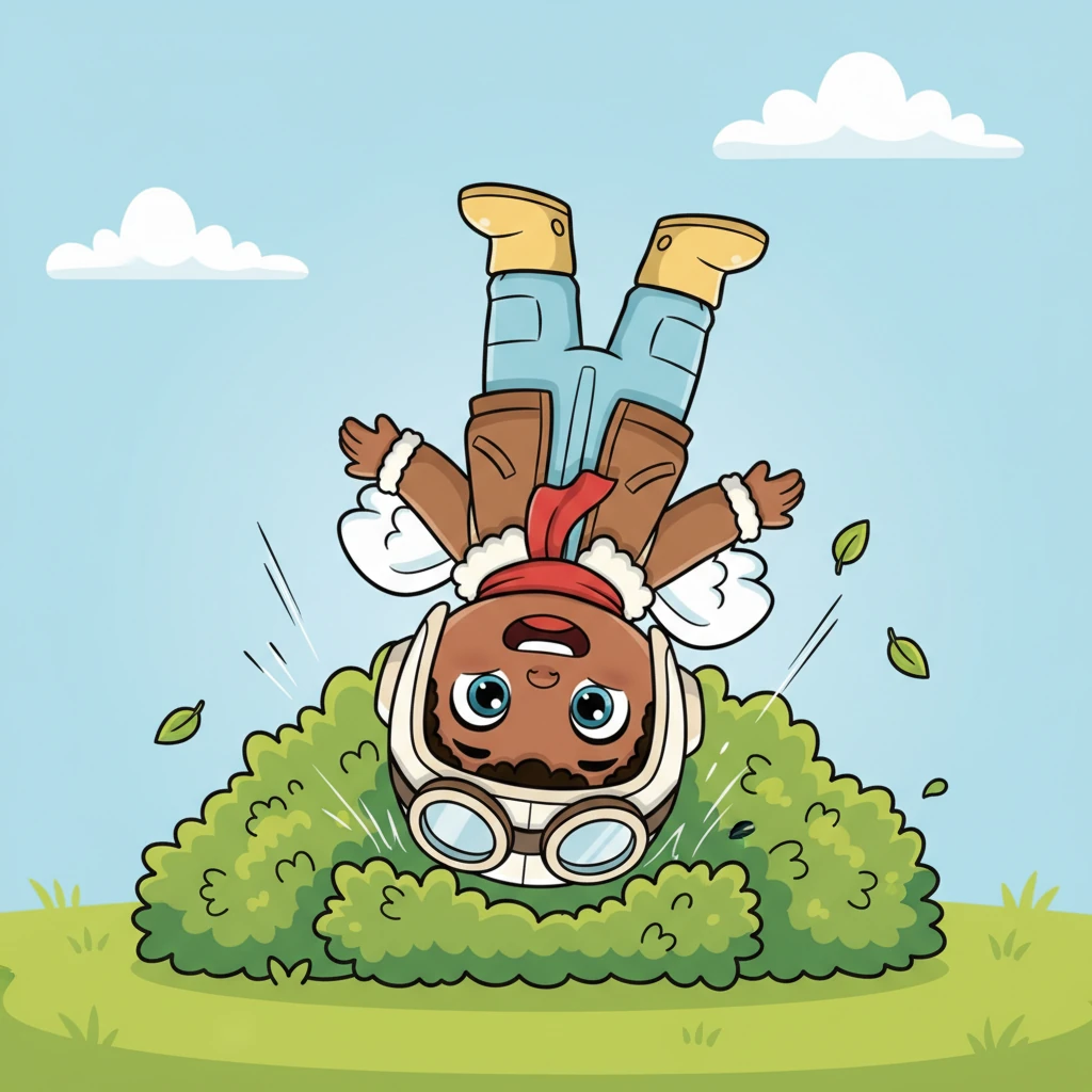 But instead of soaring, Tupi tumbled and cartwheeled through the air! He landed with a comical "THUMP!" right into a soft, leafy bush, feeling a little dizzy but unharmed.