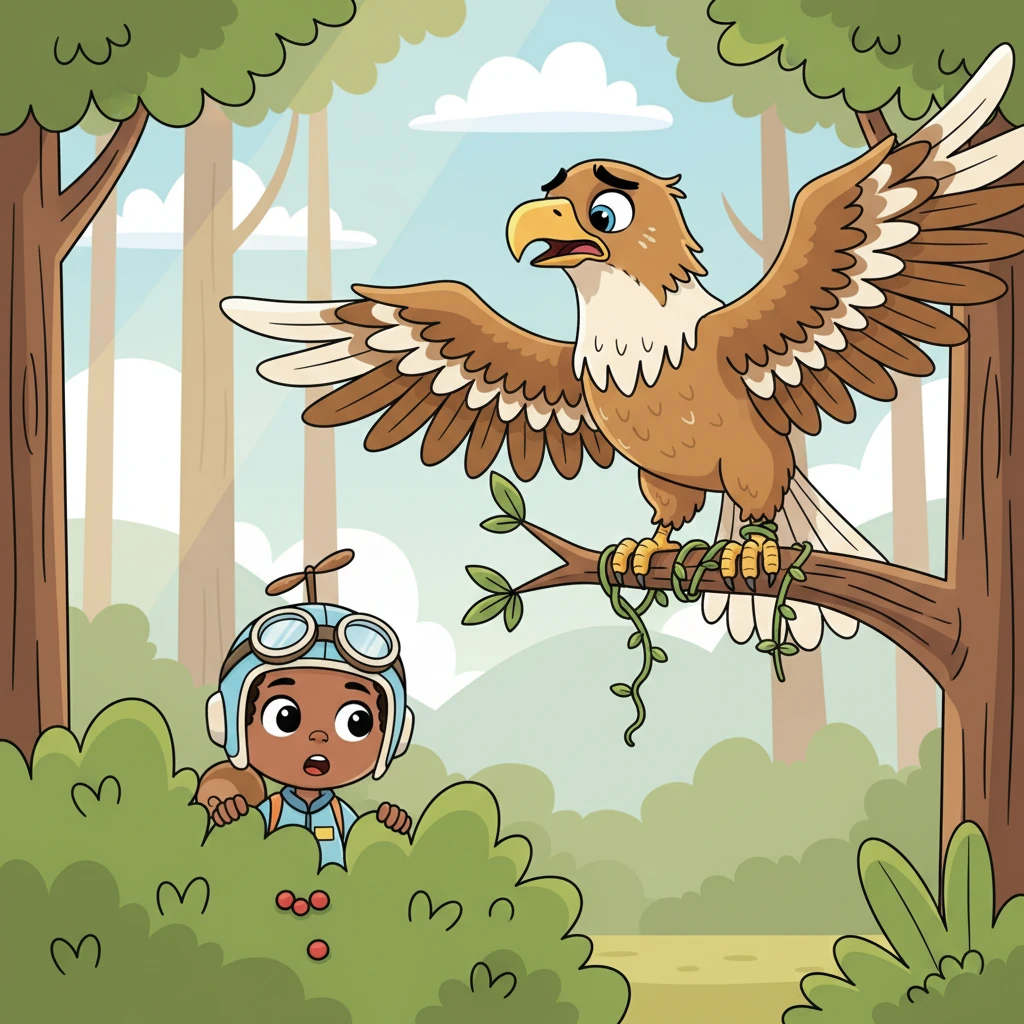 Suddenly, a distressed cry broke the forest's peace. Tupi peeked out of the bush and saw the mighty Eagle, the sky's majestic ruler, in a very tight spot.