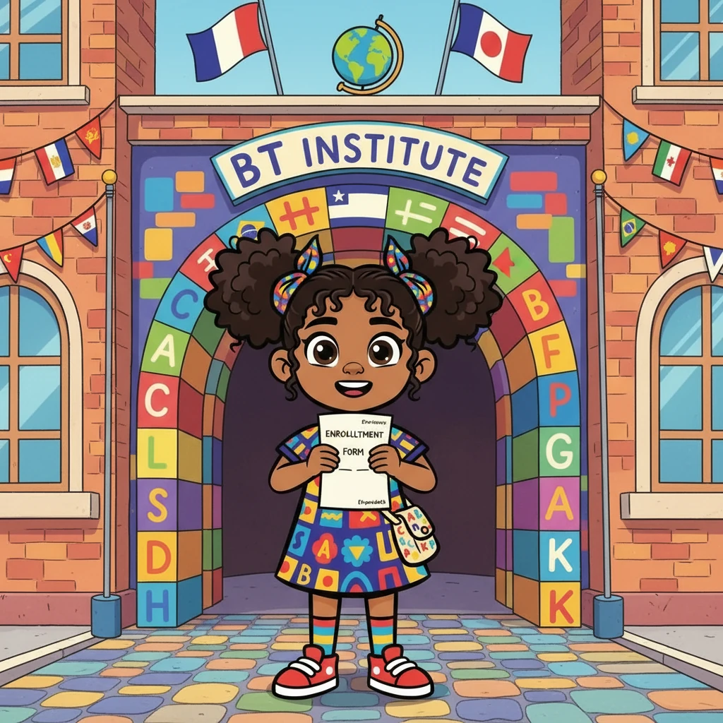 Amina, a curious young girl, stood before the colorful entrance of BT Institute. The building was adorned with flags from all over the world, hinting at the diverse languages taught inside. Excitement bubbled within her as she clutched her enrollment form, ready for her first day.