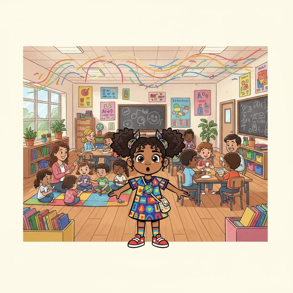 Inside, Amina entered a bustling classroom where students of all ages were learning different languages. Teachers, with warm smiles, were guiding their students. Amina's eyes widened, taking in the lively atmosphere and the sounds of various languages being spoken.