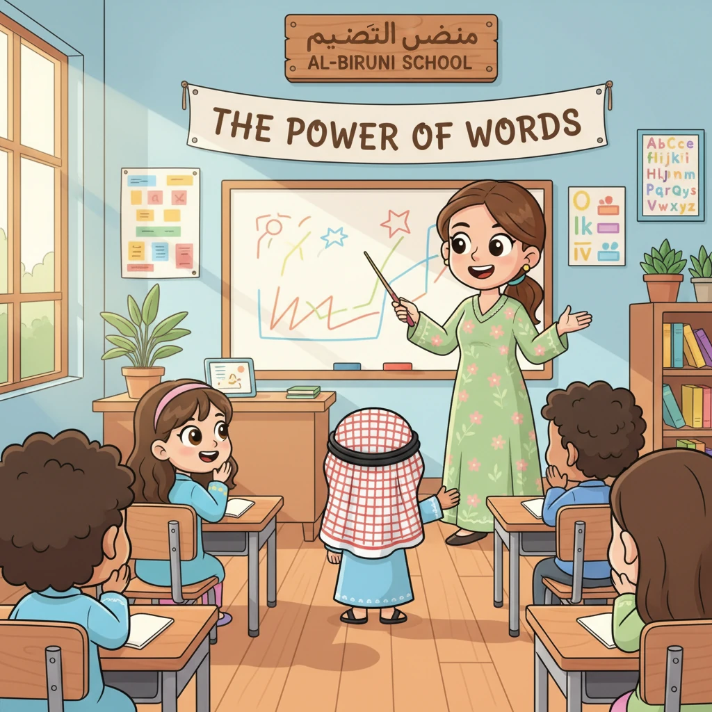 في صباح مشرق بمدرسة البيروني، كانت ليلى تجلس في صفها الرابع، عيناها الواسعتان تلمعان بالفضول. المعلمة فاطمة، بابتسامتها الدافئة، رحبت بالطلاب بحماس كبير، وأعلنت عن درس جديد ومثير عن الكلمات.