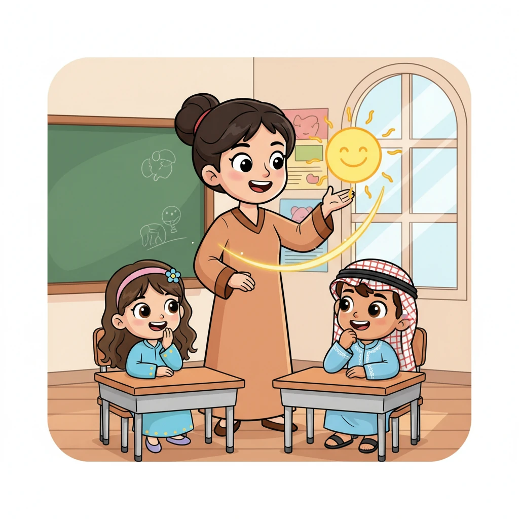 بدأت المعلمة فاطمة بشرح التعبير الحقيقي، وقالت: "عندما نقول 'الشمس حارة'، فهذا يعني بالضبط أن الشمس تبعث حرارة." رسمت الشمس المبتسمة في الهواء، وأومأ الطلاب برؤوسهم فهمًا.