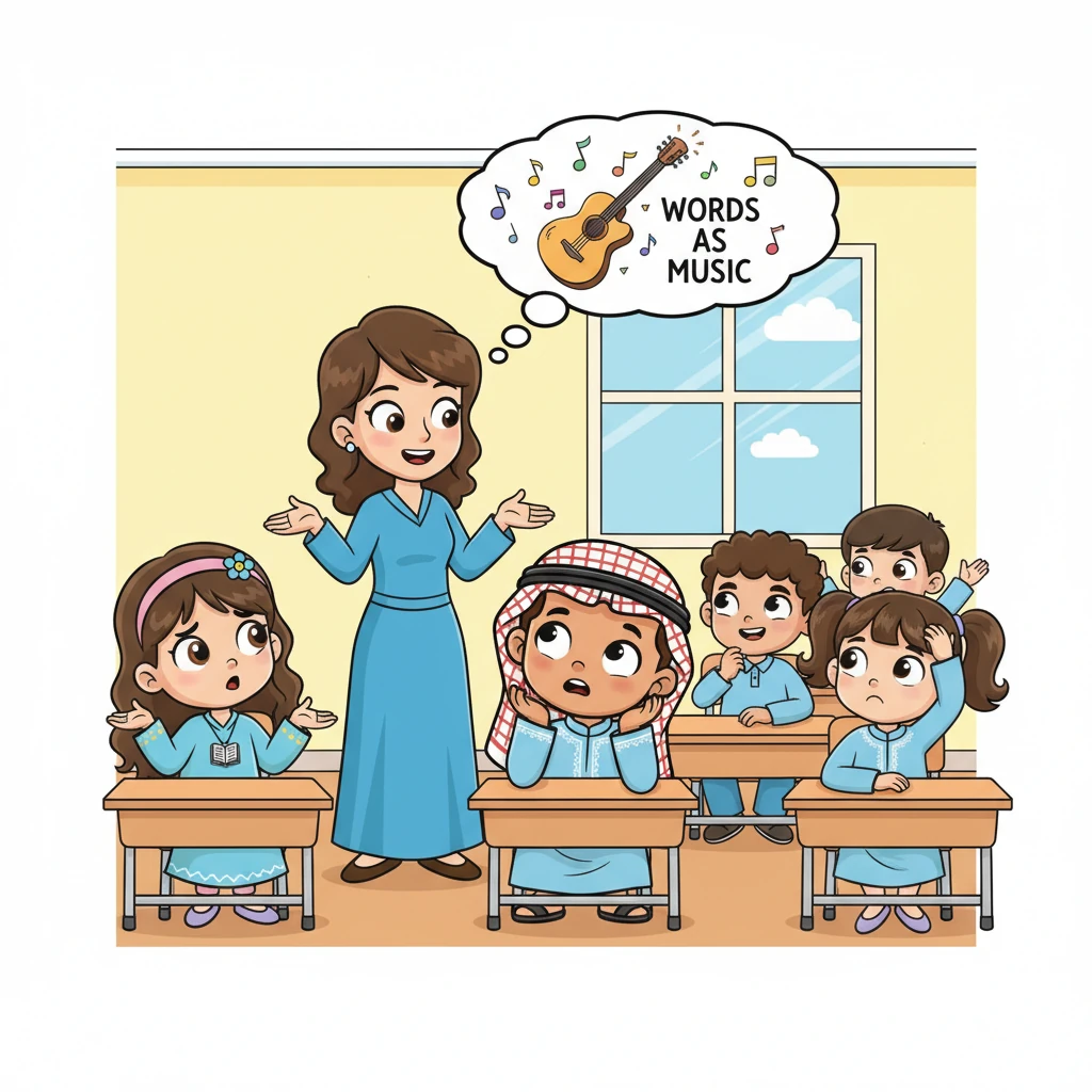 أعطت المعلمة مثالاً: "عندما نقول 'كلماته كانت موسيقى لأذني'، هل تعني أن الكلمات تحولت فعلاً إلى آلة موسيقية؟" نظر الطلاب إلى بعضهم البعض في حيرة مضحكة، وبعضهم هز كتفيه.