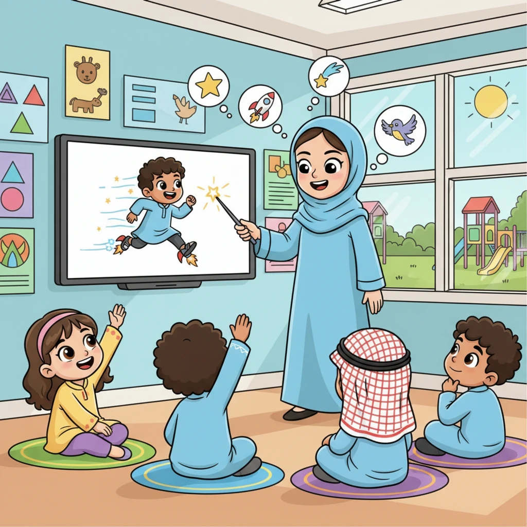 لجعل الدرس أكثر متعة، بدأت المعلمة فاطمة لعبة "الكلمات السحرية". عرضت صورة لعدّاء سريع جداً، وطلبت من الطلاب وصفه بتعبير مجازي.