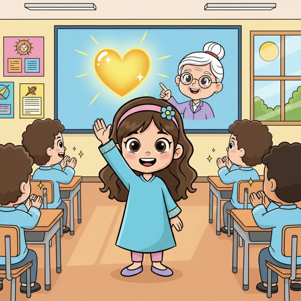 ثم عرضت المعلمة صورة لشخص لطيف جداً وكريم. رفعت ليلى يدها وقالت: "قلبها من ذهب!" صفق الطلاب بحماس، متخيلين قلباً ذهبياً يلمع بالدفء والكرم.