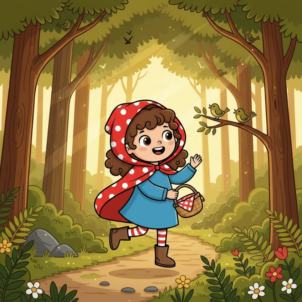Lily, with her bright red hood, skipped through the sun-dappled forest, her basket swinging gently. She was on her way to visit Grandma, humming a happy tune as she went. The trees whispered secrets in the breeze, and the birds chirped a cheerful welcome to her.