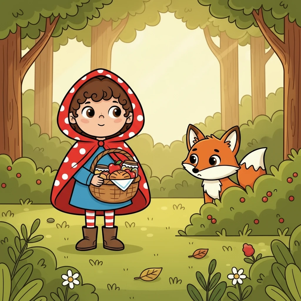 Suddenly, a little fox with soft, brown fur peeked out from behind a bush. His curious eyes were fixed on Lily's basket, filled with goodies. He seemed shy but his gaze was persistent, as if he knew something wonderful was inside.