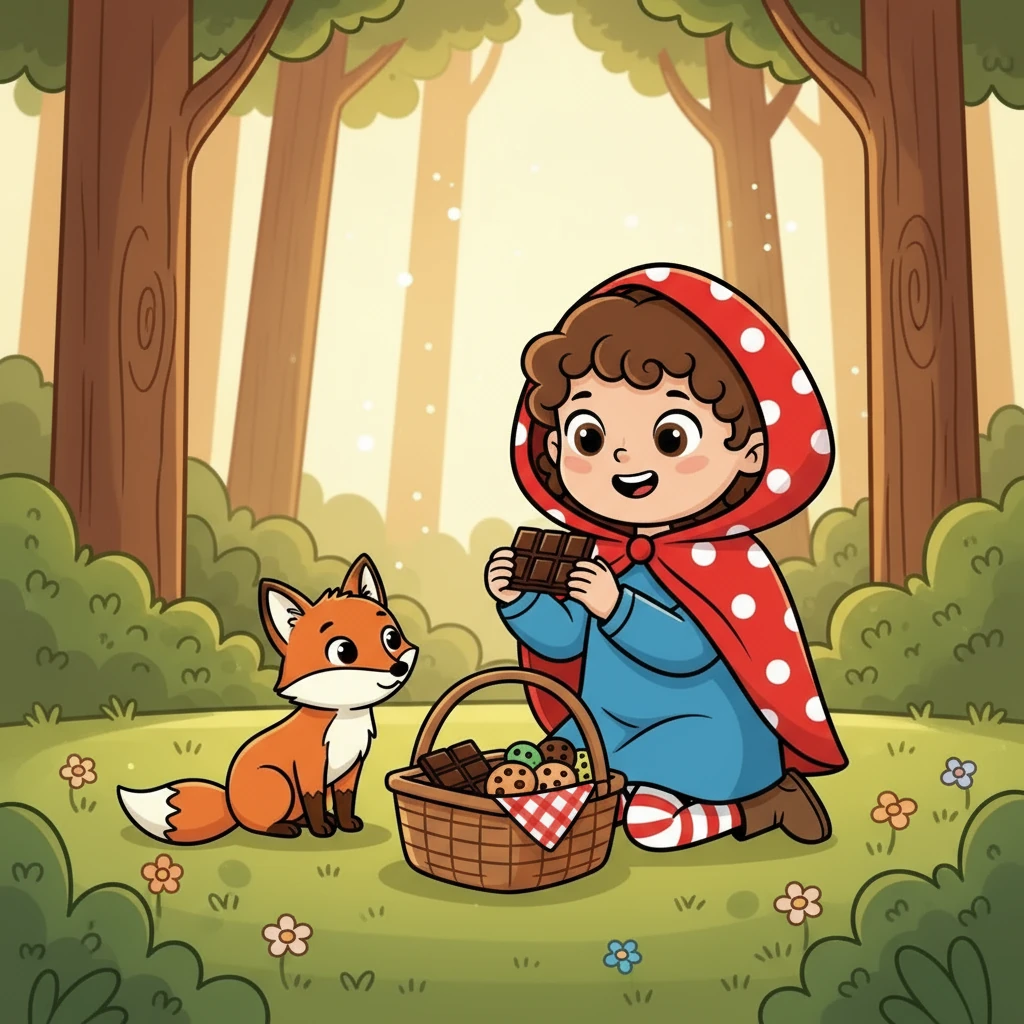 Lily, noticing the fox's gaze, smiled and opened her basket. Inside, nestled among the treats, were pieces of chocolate made by Grandma. She offered one to the fox, her heart filled with kindness.