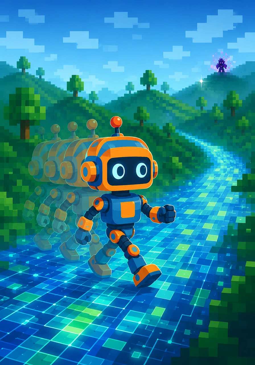 To prepare for his journey, Pip practiced his walking cycle along a shimmering digital path. Each step was a perfect frame of animation, his little legs moving in a rhythmic, retro beat that echoed through the rolling hills.