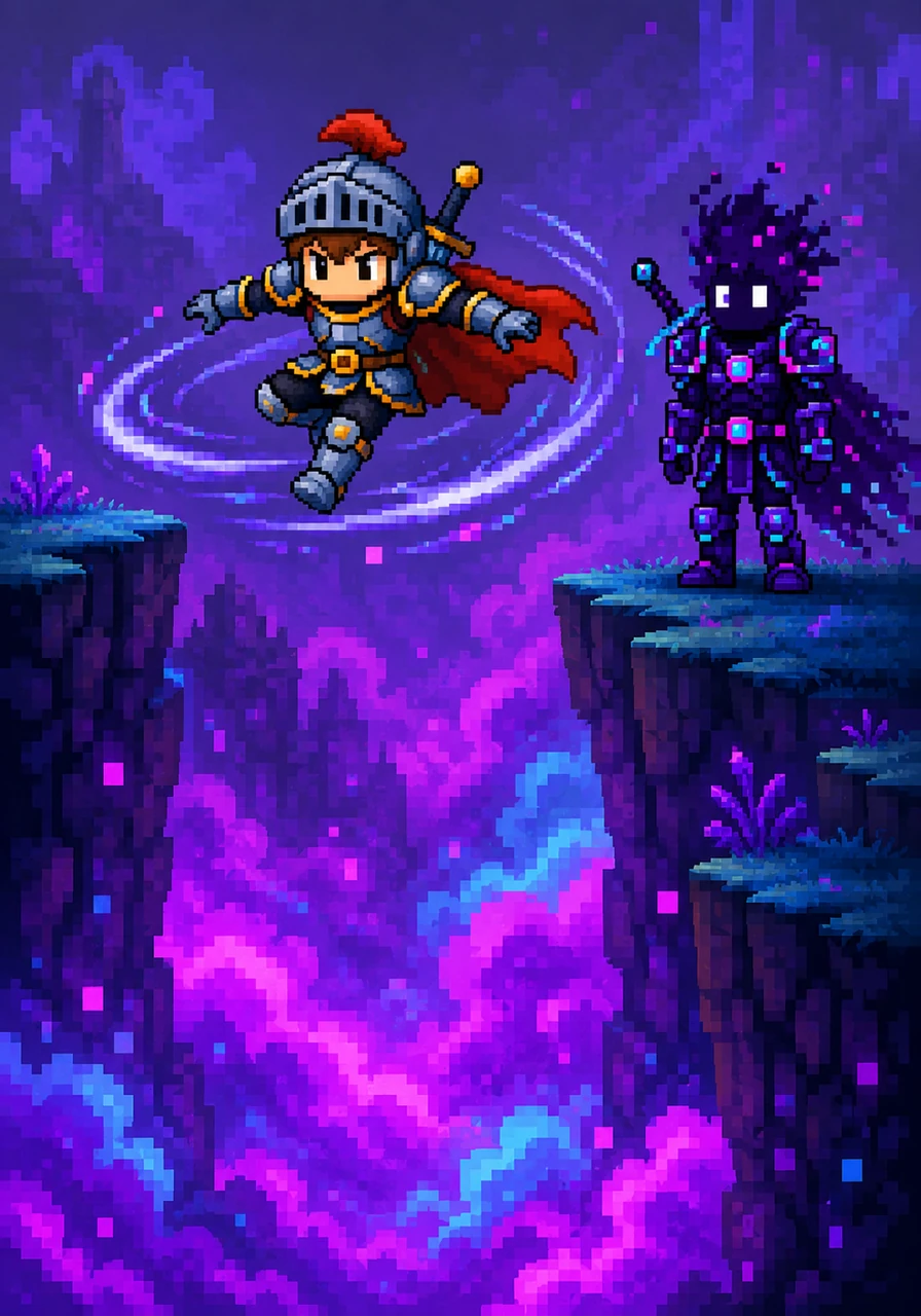 Suddenly, a deep canyon blocked his way, filled with swirling clouds of neon mist. Pip took a deep breath, leaped into the air, and performed a perfect mid-air spin sprite, landing gracefully on the other side.
