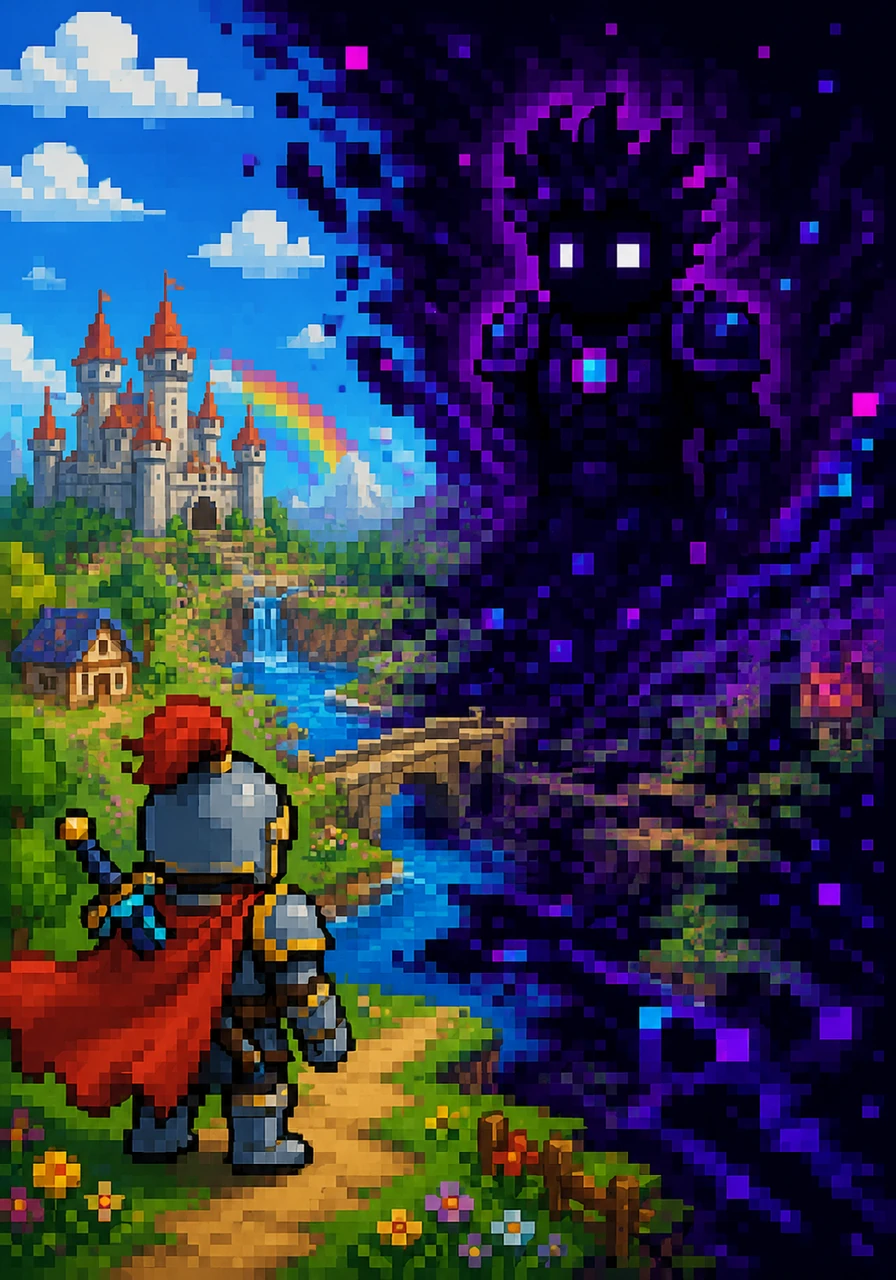 The sky suddenly flickered, and a dark, staticky shadow began to consume the colorful landscape. This was the Glitch, a chaotic force that threatened to turn the beautiful world into a mess of broken code.