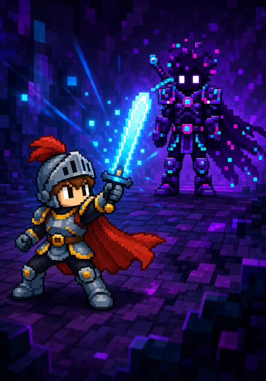 Pip did not hesitate; he reached for his back and pulled out his glowing pixel sword with a sharp, digital chime. His draw weapon sprite was crisp and bold, showing the world that he was ready to stand his ground.