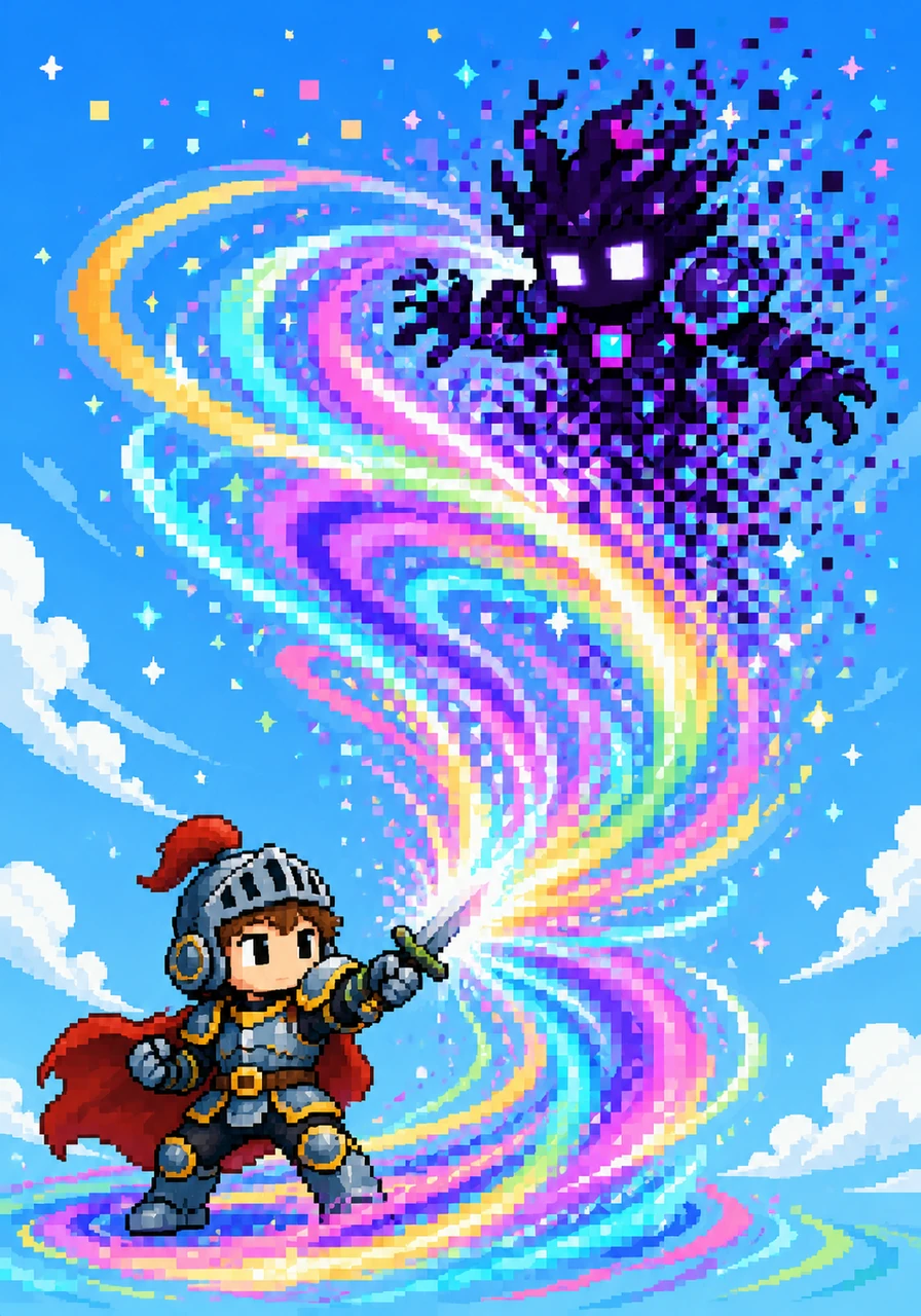 For the final blow, Pip gathered all his energy to unleash his ultimate special move, a whirlwind of pixels that dazzled the eye. The static shattered into a thousand harmless sparkles, and the sky returned to its brilliant blue.