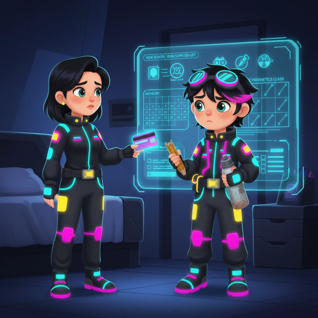 Mẹ Minh trao cho cậu một chiếc thẻ tín dụng phát sáng, dặn dò về việc mua sắm đồ dùng học tập cho năm học mới. Căn phòng của Minh ngập tràn ánh sáng neon dịu nhẹ từ các màn hình holographic hiển thị lịch học và danh sách đồ cần mua. Cậu bé nhìn chiếc bút cũ kỹ và bình nước đã mờ màu, cảm thấy một chút lo lắng về những lựa chọn sắp tới.