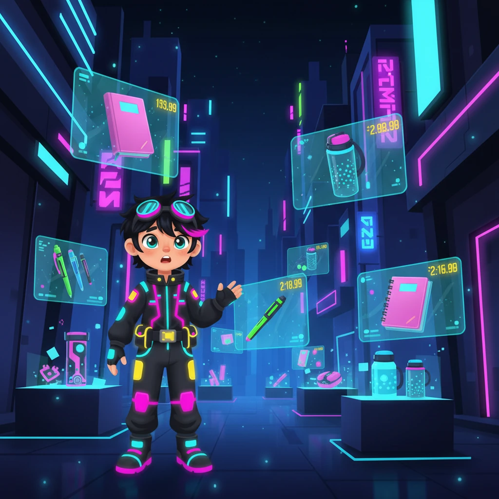 Minh lạc bước vào khu chợ ảo hóa sầm uất, nơi các cửa hàng kỹ thuật số trưng bày vô vàn đồ dùng học tập lấp lánh dưới ánh đèn neon chói lọi. Từ những cuốn sổ điện tử siêu mỏng đến bút cảm ứng đa năng và bình giữ nhiệt thông minh, mỗi món đồ đều hấp dẫn nhưng giá cả lại nhảy nhót trên màn hình trong suốt. Cậu bé cảm thấy choáng ngợp trước sự lựa chọn phong phú.