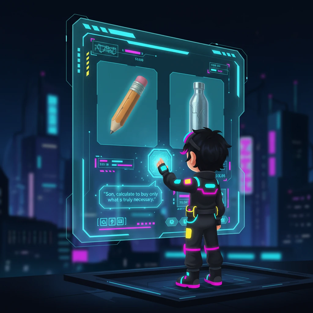 Đứng trước một màn hình tương tác khổng lồ, Minh kích hoạt giao diện cá nhân hóa để tính toán ngân sách. Hình ảnh chiếc bút cũ và bình nước sứt mẻ hiện lên như lời nhắc nhở, cùng với giọng nói của mẹ vang vọng trong tâm trí: "Con hãy tính toán để mua những thứ thật sự cần thiết." Cậu bắt đầu so sánh giá cả và chức năng của từng món đồ, cố gắng đưa ra quyết định khôn ngoan nhất.