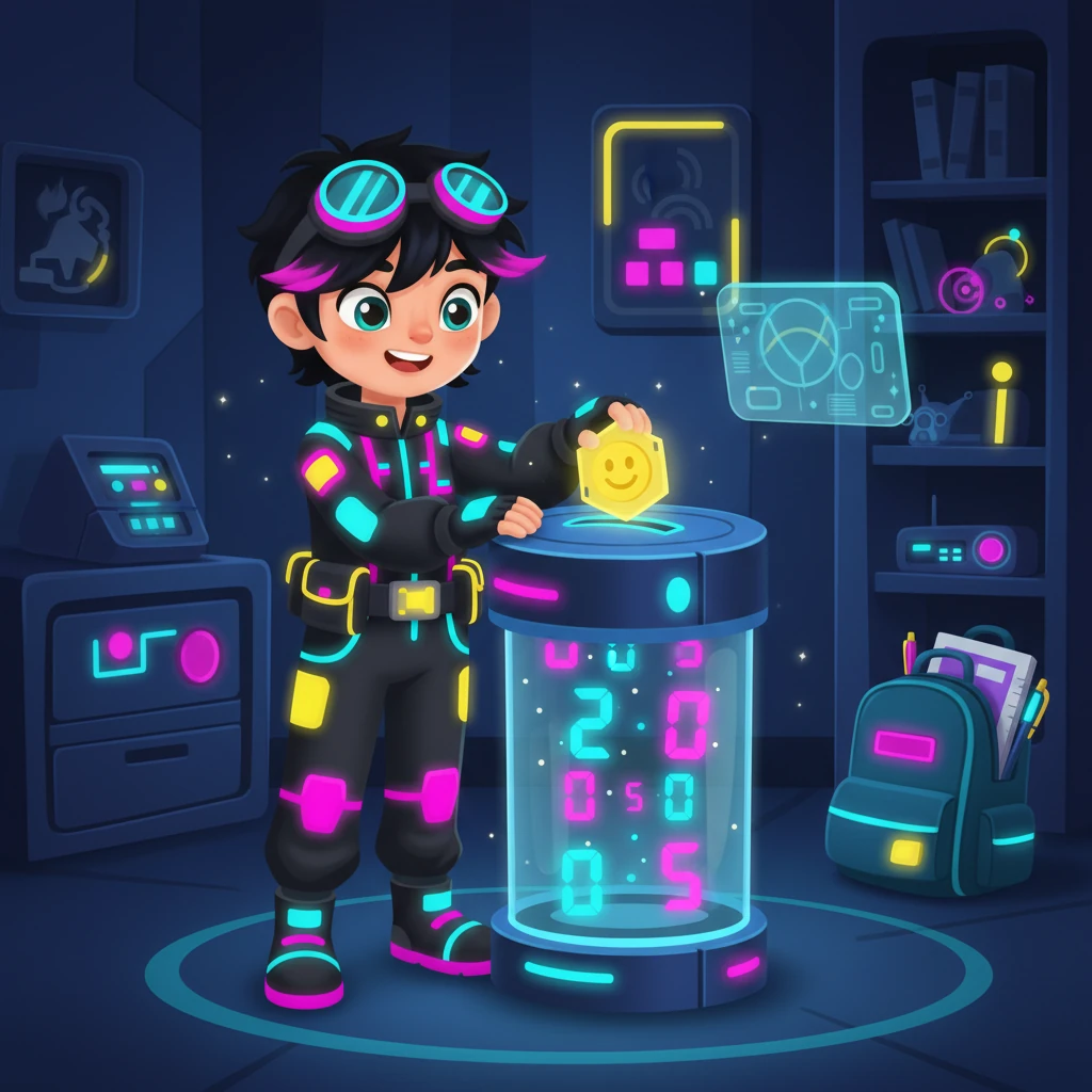 Trở về căn phòng ấm cúng, Minh cẩn thận đặt số tiền còn dư vào một ống tiết kiệm kỹ thuật số phát sáng, nơi các con số nhảy múa hiển thị số dư tăng lên. Cậu bé mỉm cười, cảm thấy tự hào về quyết định của mình và sẵn sàng đón chào năm học mới với những đồ dùng mới tinh. Ánh sáng dịu nhẹ từ các thiết bị công nghệ bao quanh, tạo nên một không khí yên bình và hy vọng.