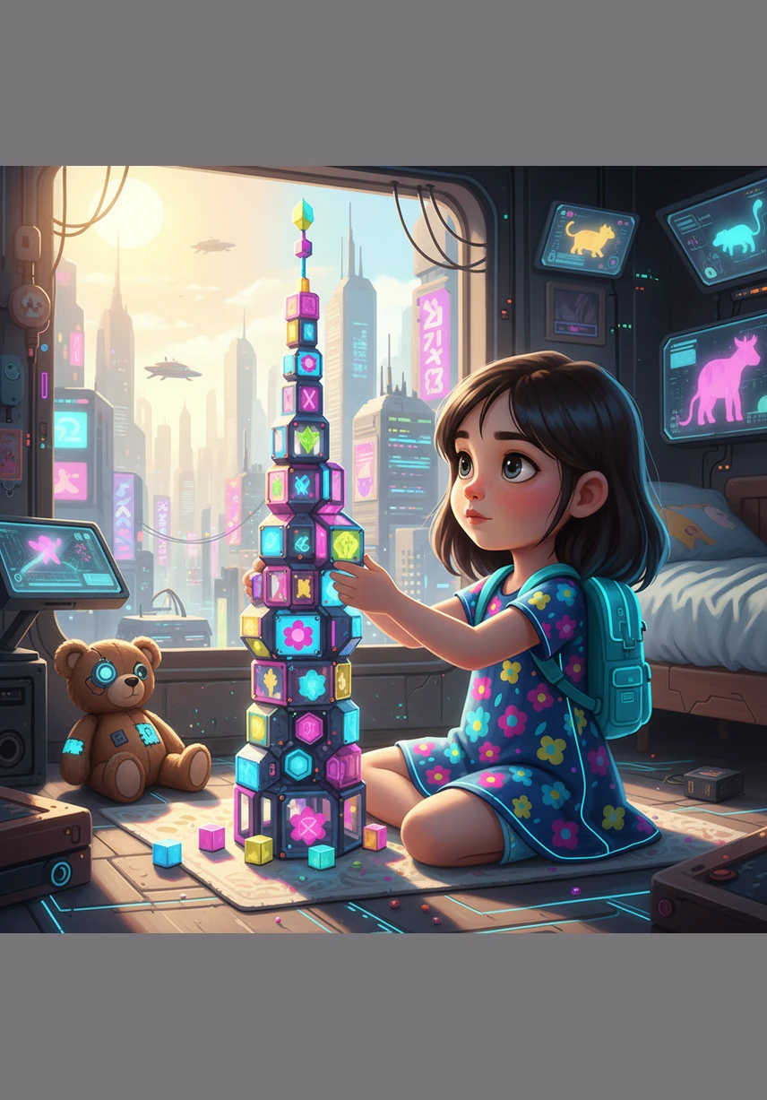 Lily is lost in a world of imagination, building a tall tower of colorful blocks in the middle of her sunny bedroom. Her favorite teddy bear sits nearby, watching as she carefully places each piece to make the tower reach the sky.