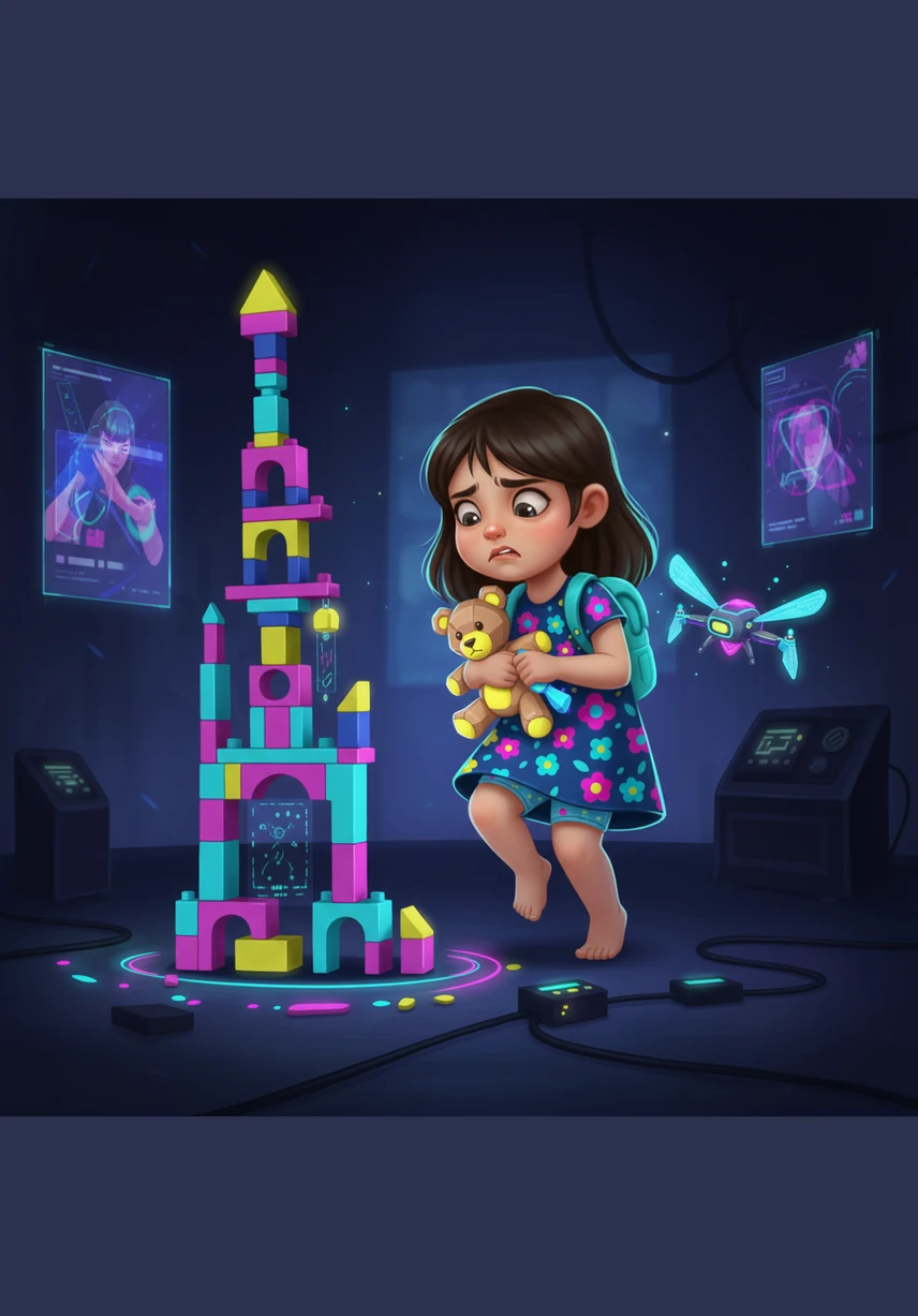 The tower is now taller than Lily, but the feeling in her tummy is getting much stronger. She starts to wiggle and hop from foot to foot, trying to focus on her toys instead of the urgent signal her body is sending.