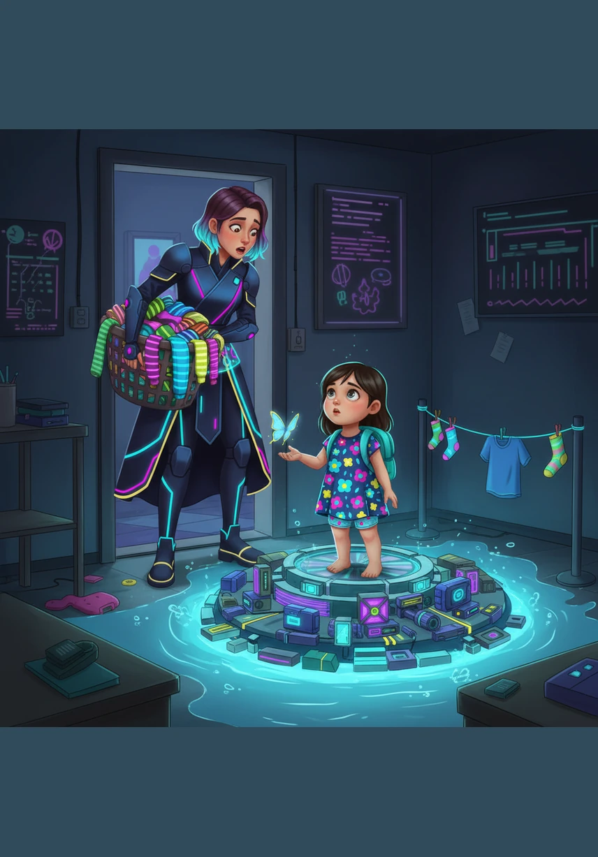 Mom walks into the room with a basket of laundry and stops when she sees the surprise on the floor. Lily looks up with big eyes and explains that she didn't want to get her clothes wet when she realized she couldn't run fast enough.