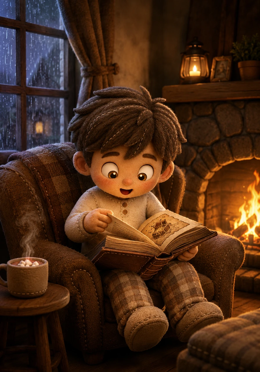 Rain tapped softly against the windowpane as Leo sat in his cozy living room, flipping through an old book about lost treasures. The house was quiet, filled with the warm scent of hot cocoa and the gentle crackle of the fireplace. Leo dreamed of finding something truly magical hidden right inside his own home.