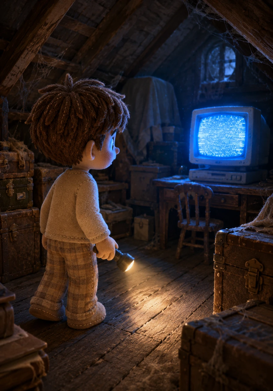 Deciding to explore, Leo climbed the creaky wooden steps to the forgotten attic, where dust motes danced in the dim light. Amidst old trunks and draped furniture, a strange, vintage computer monitor suddenly flickered to life all on its own. It cast a vibrant, electric blue glow across the dusty floorboards, drawing Leo closer.