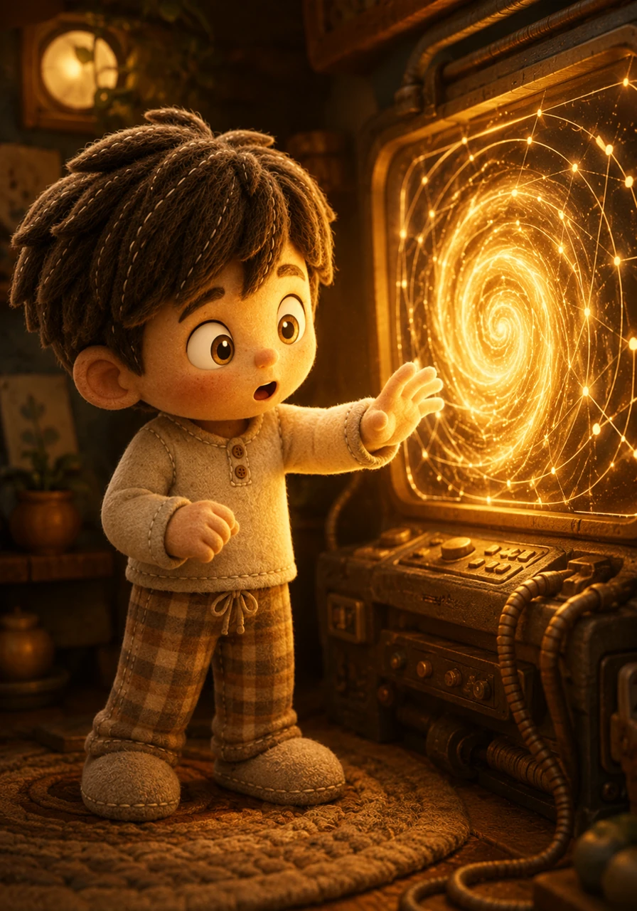 As Leo approached the humming screen, a swirling vortex of golden light and complex code began to spin on the monitor. The air grew warm and buzzed with energy, making the hairs on his arms stand up. He reached out a hesitant hand, captivated by the beautiful geometric patterns forming before his eyes.