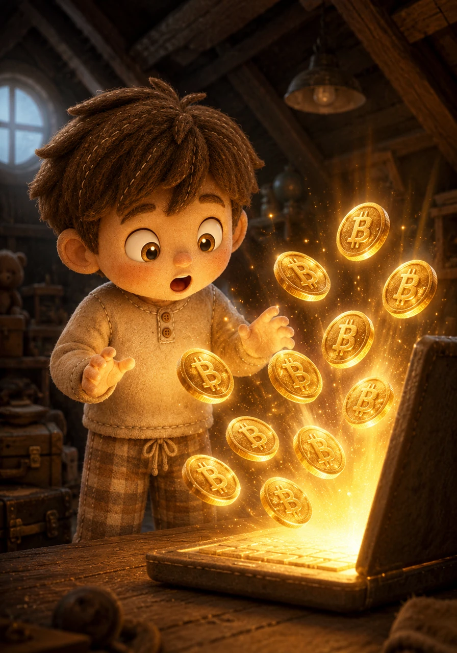 Suddenly, a brilliant beam of light erupted from the screen, illuminating the entire attic in a dazzling golden hue. Leo blinked in amazement as ten heavy, shimmering golden coins materialized in mid-air, floating gracefully just inches from the display. Each coin was intricately engraved with a bold, stylized letter B that pulsed with soft energy.
