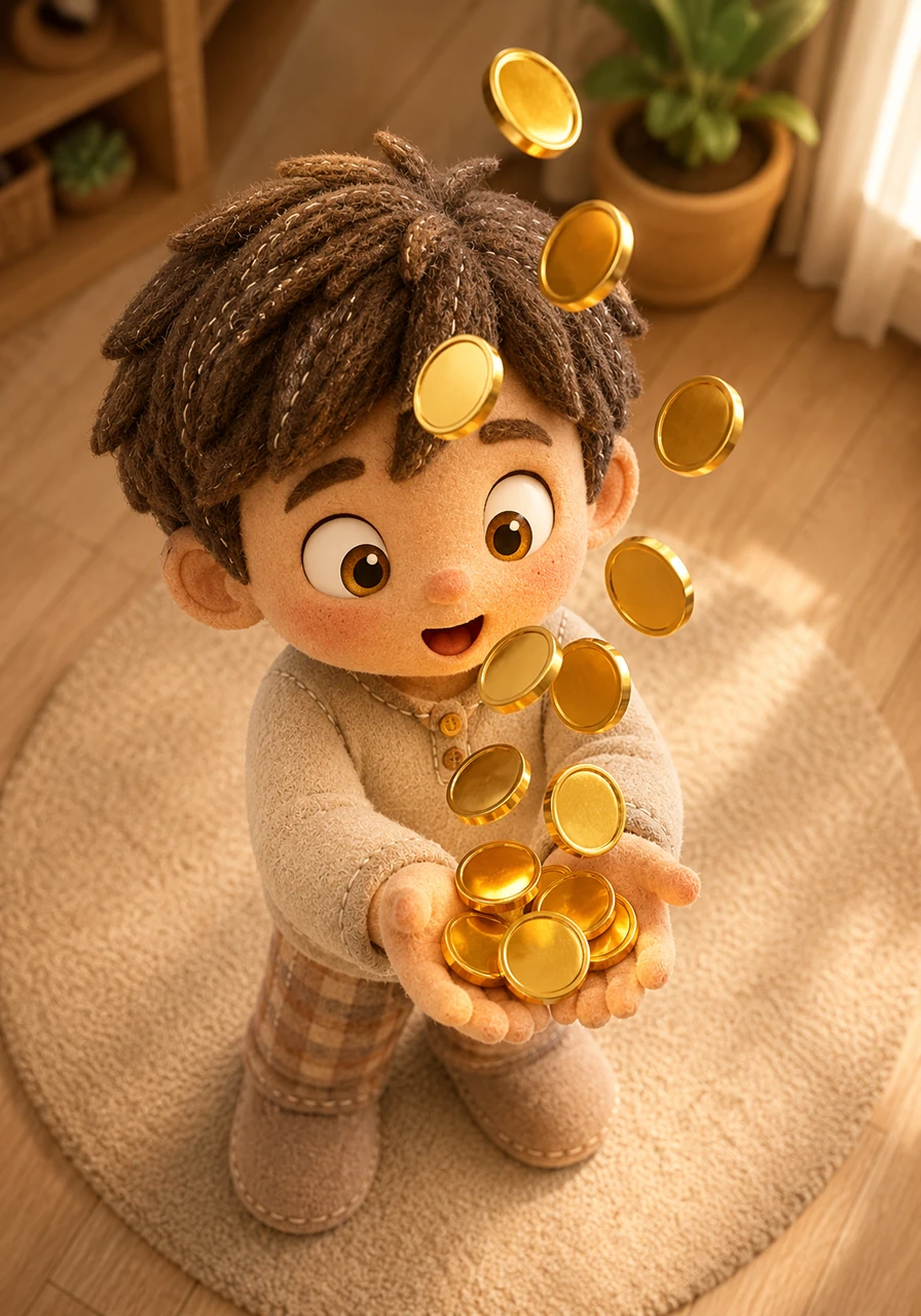With a mixture of awe and excitement, Leo extended his hands beneath the floating treasures. One by one, the ten physical Bitcoin dropped gently into his open palms, feeling surprisingly warm and solid. Their metallic surface reflected the wonder in his wide eyes as he held the digital wealth turned real.