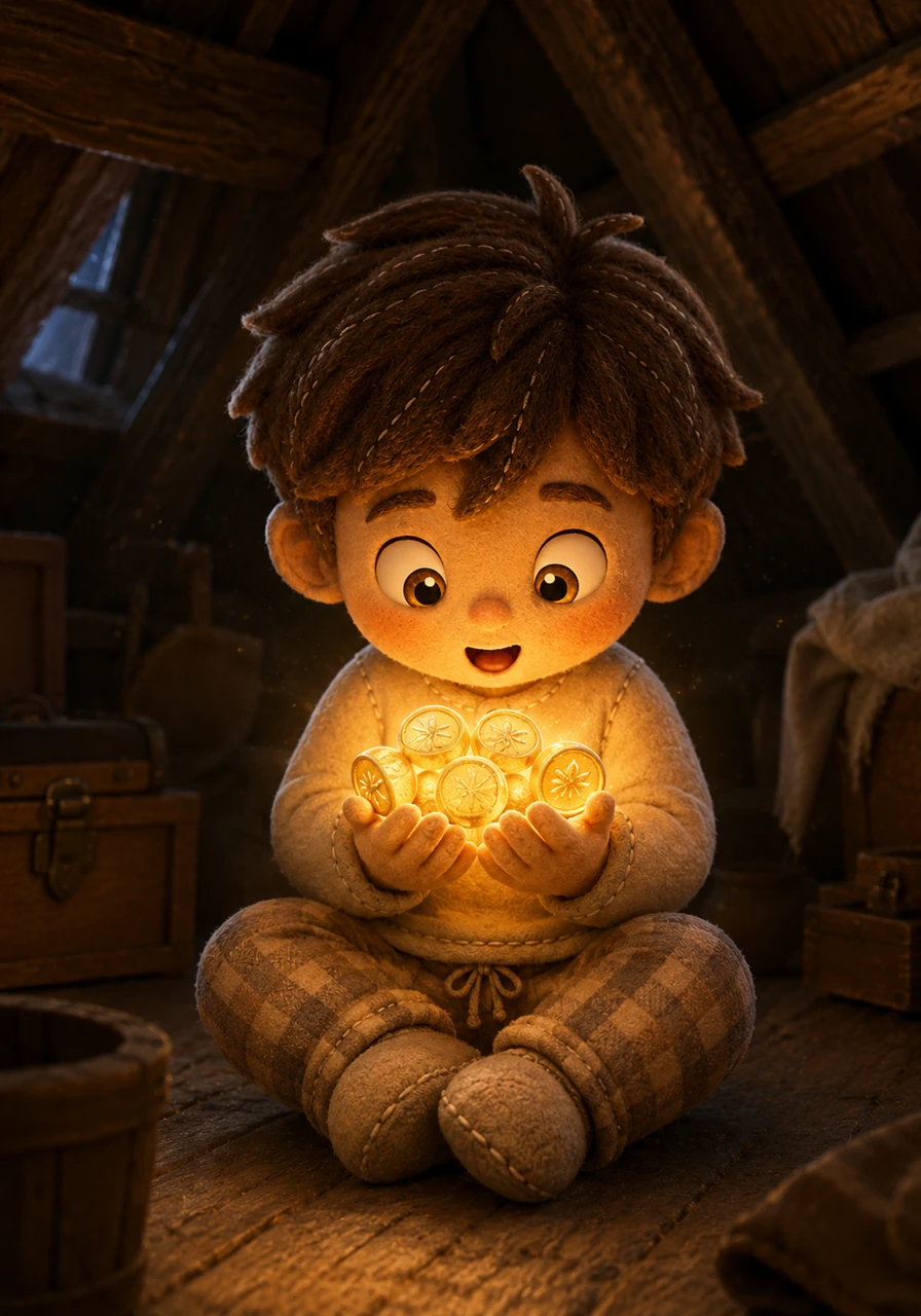 Leo cradled the ten glowing coins close to his chest, marveling at how they lit up the dim corners of the attic. The weight of the coins felt like holding pieces of a fallen star, and their soft hum brought a deep sense of magic into the quiet house. He realized his ordinary afternoon had turned into something extraordinary.