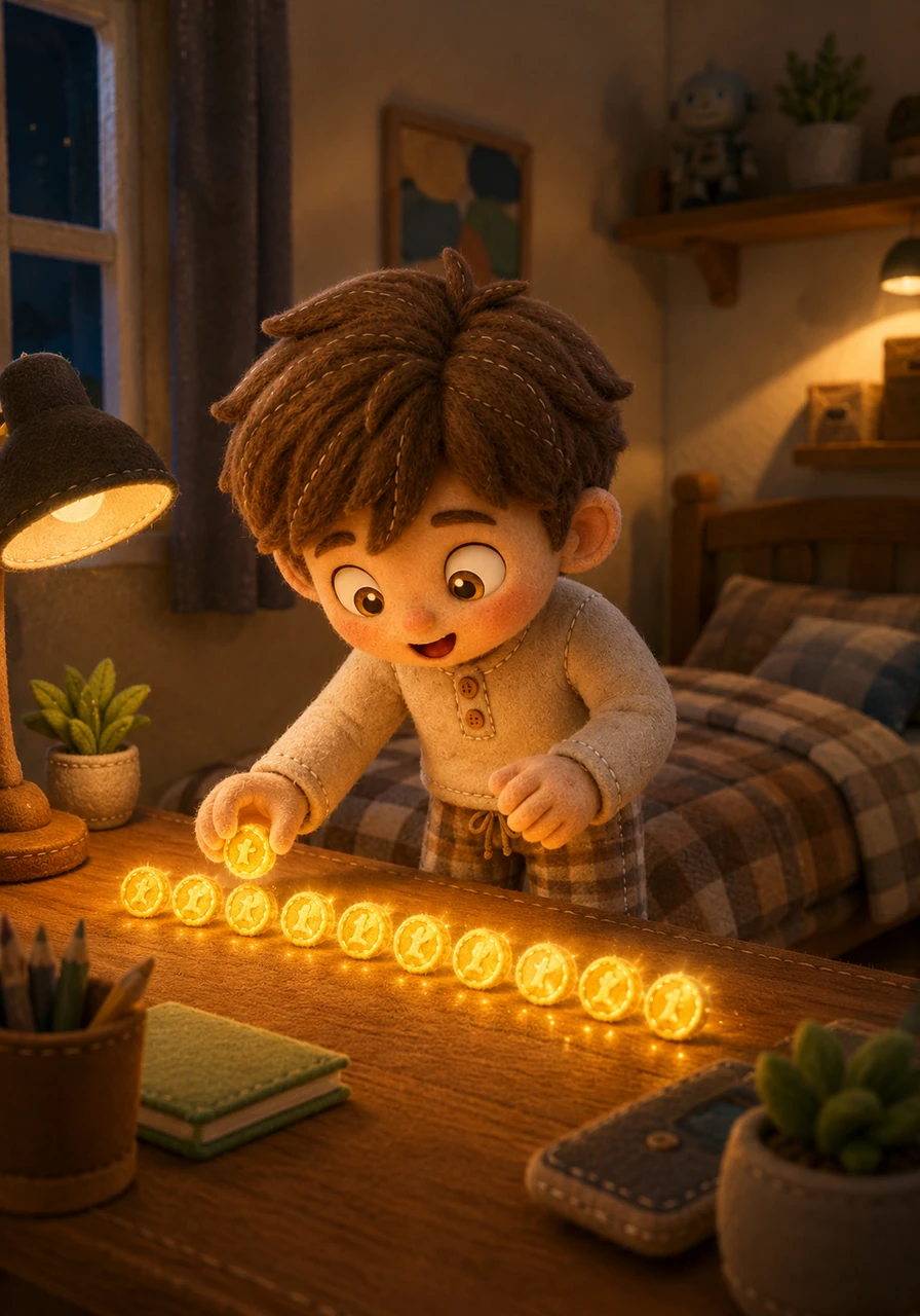 Carrying his glowing treasure carefully, Leo walked downstairs to his bedroom, where the golden light painted the walls with beautiful, shifting shadows. He set the ten coins gently upon his wooden desk, watching them line up perfectly like a miniature row of radiant suns. The room felt alive with the spirit of modern discovery.