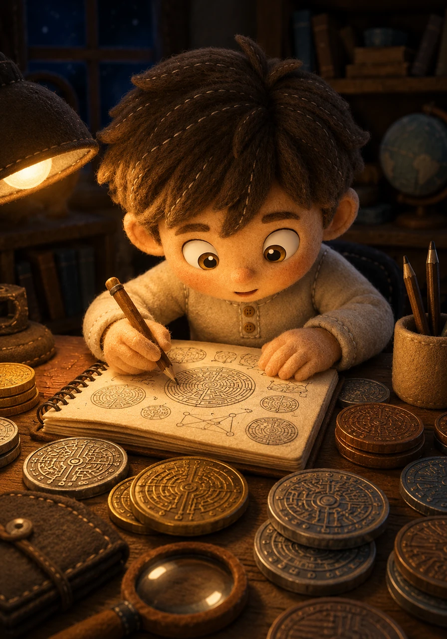 Leo sat at his desk for hours, studying the intricate microchip-like patterns etched onto the surface of each coin. He began to sketch them in his notebook, imagining the vast digital networks and global journeys these coins represented. His mind raced with stories of cyber-explorers and hidden code keys.