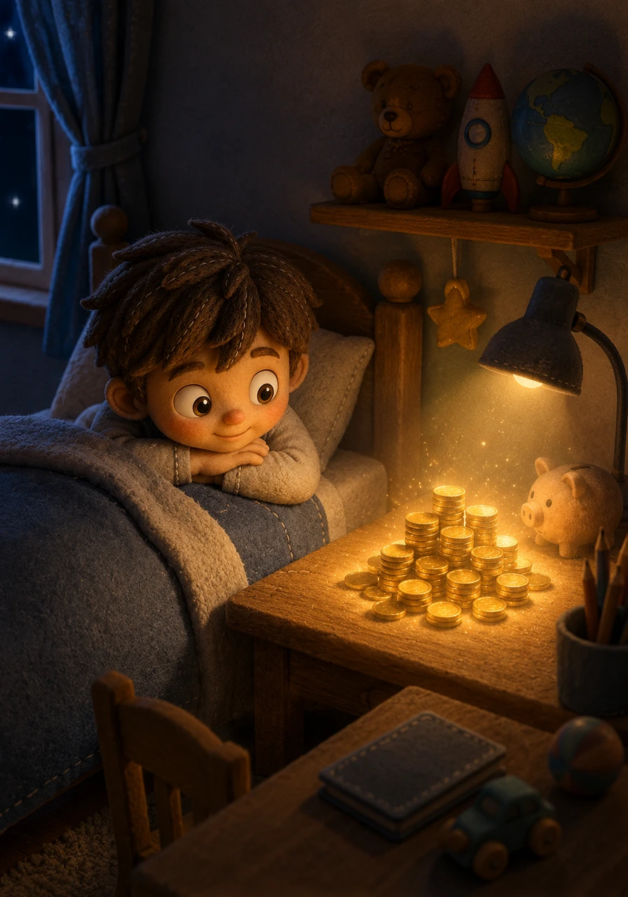 As evening fell, the glow of the coins softened into a comforting, warm nightlight that chased away the shadows of his room. Leo curled up in his bed, keeping a watchful and happy eye on his desk. He felt safe and inspired, knowing that the boundary between imagination and reality was much thinner than he ever thought.