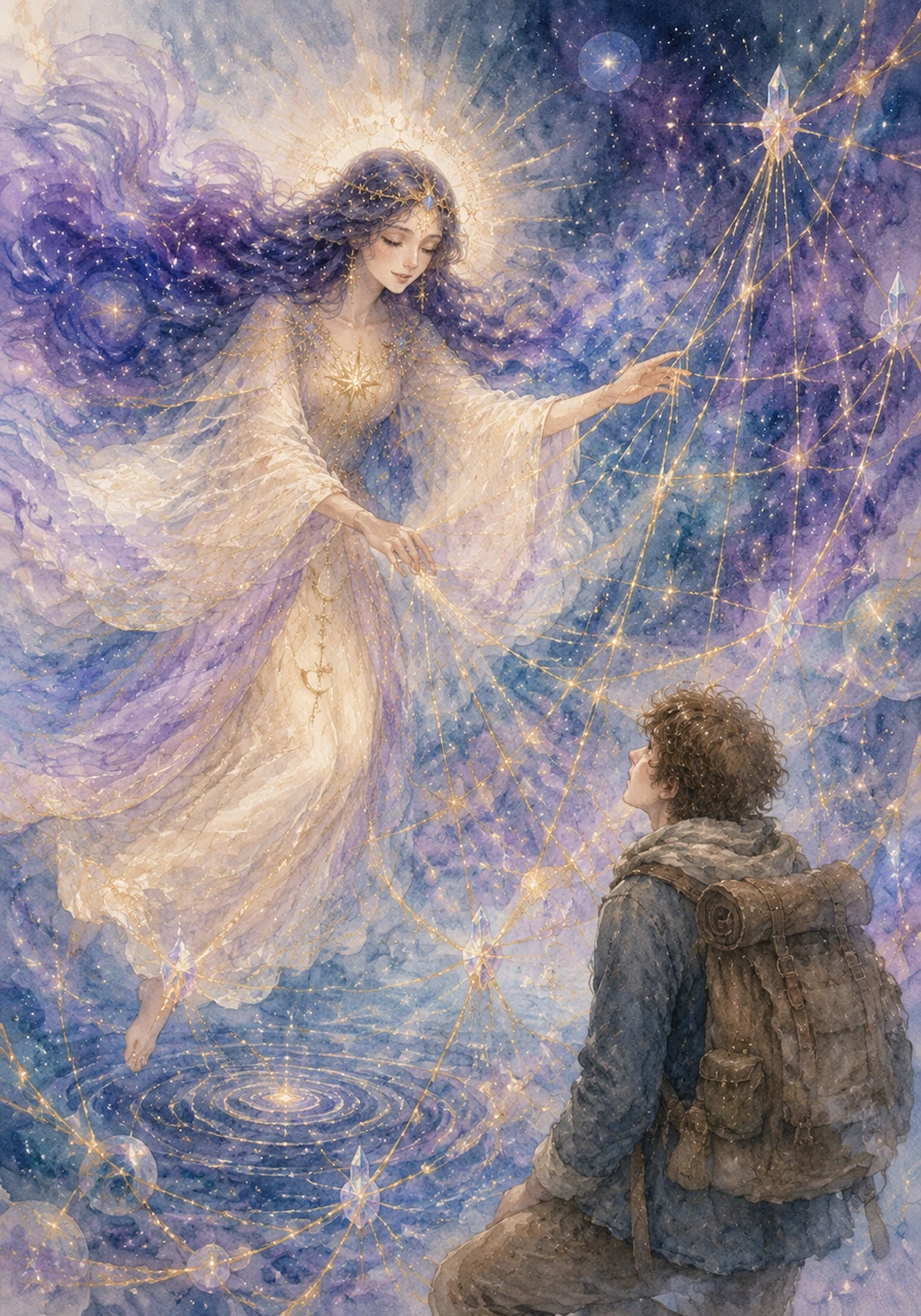 Sensing the growing discord, the goddess rises from her throne with a grace that defies gravity. She drifts through the sea of stars, her gentle hands reaching out to steady the vibrating strings of time and space.