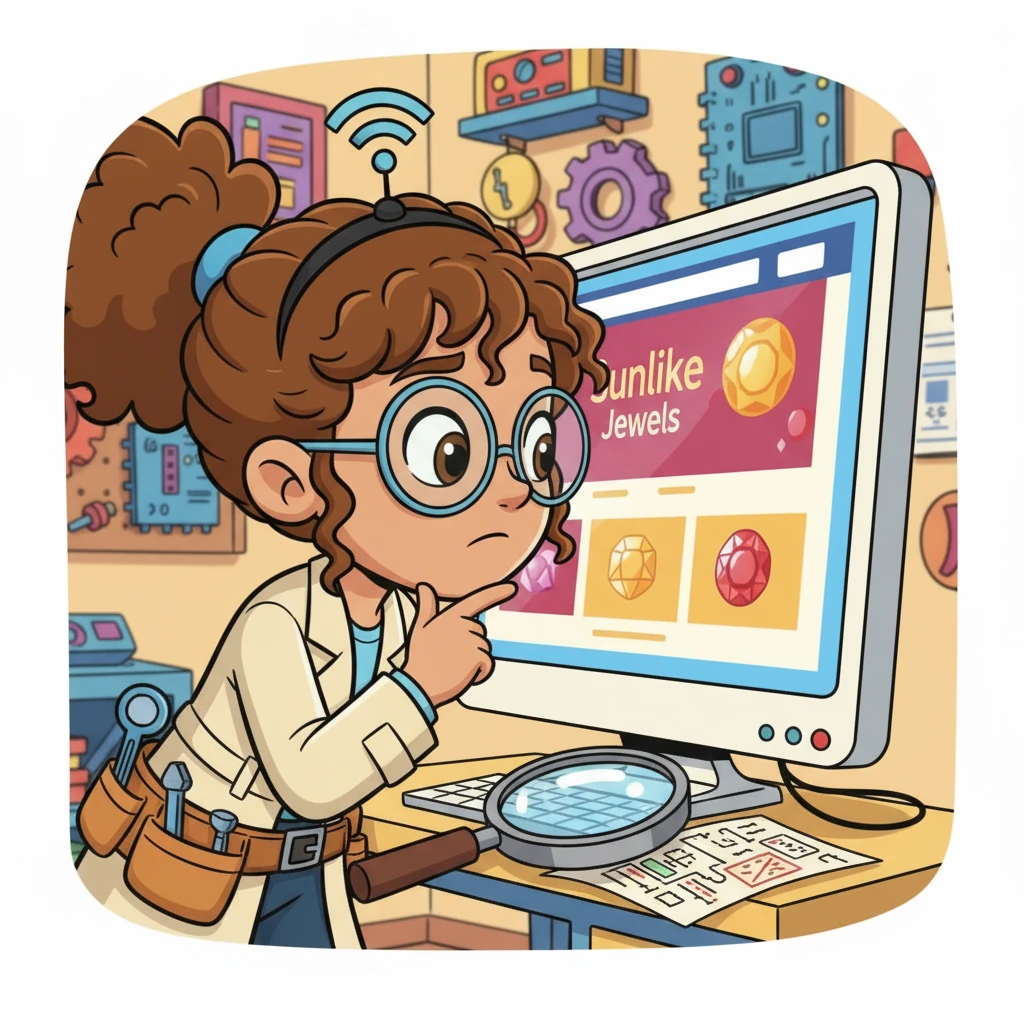 Wanda zoomed in on a giant, friendly computer screen, which showed the Sunlike Jewels homepage. She tapped her chin, observing the layout and colors. Some parts looked bright, but others seemed a bit hidden.