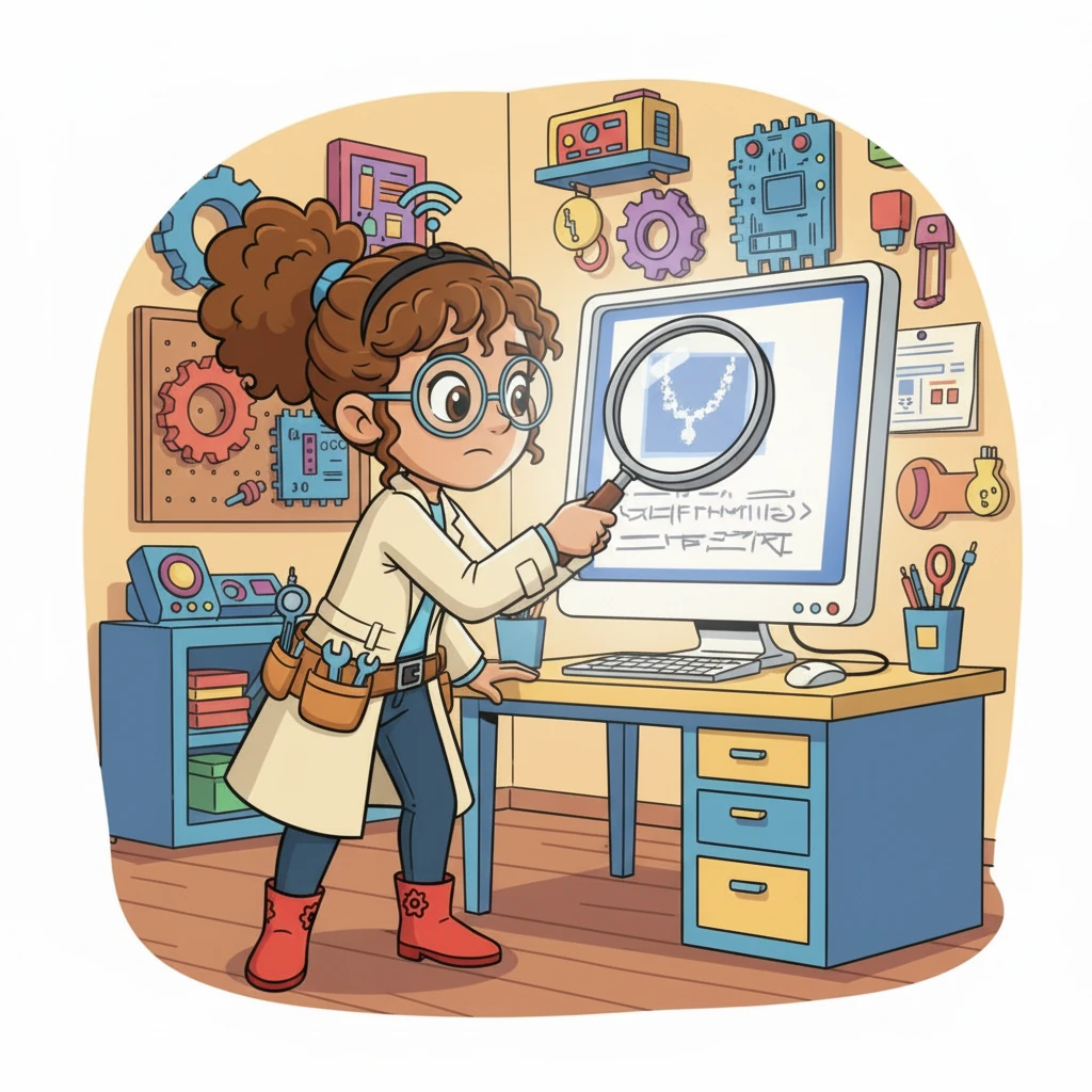 Next, Wanda squinted at a tiny, fuzzy picture of a beautiful necklace, with its description written in a very small, jumbled font. "How can anyone see its sparkle or know its story?" she wondered, holding a magnifying glass.