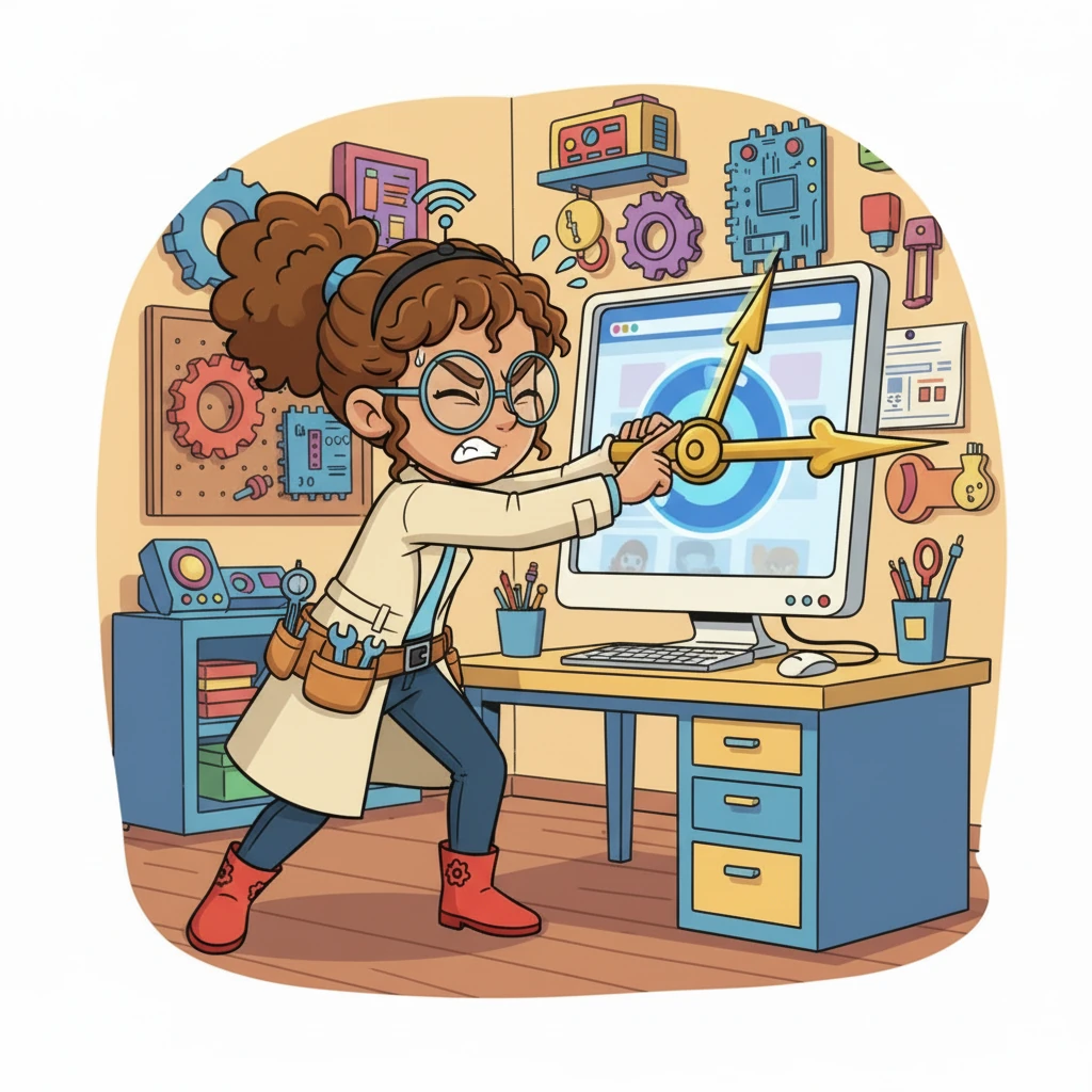 Suddenly, the giant computer screen started to move sluggishly, like a heavy snail. Wanda tried to push a giant, slow-moving clock hand, huffing and puffing. "This website is taking its sweet time to load!" she exclaimed.