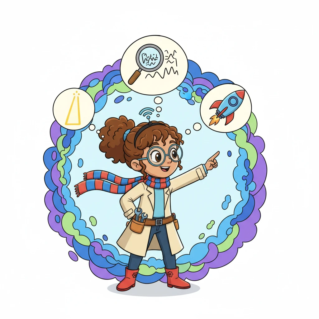 Wanda sat surrounded by vibrant, bubbly thought clouds, each containing a brilliant idea. A clear, straight path, a magnifying glass making text huge, and a rocket ship for speed zoomed around her head. She knew just what to do!