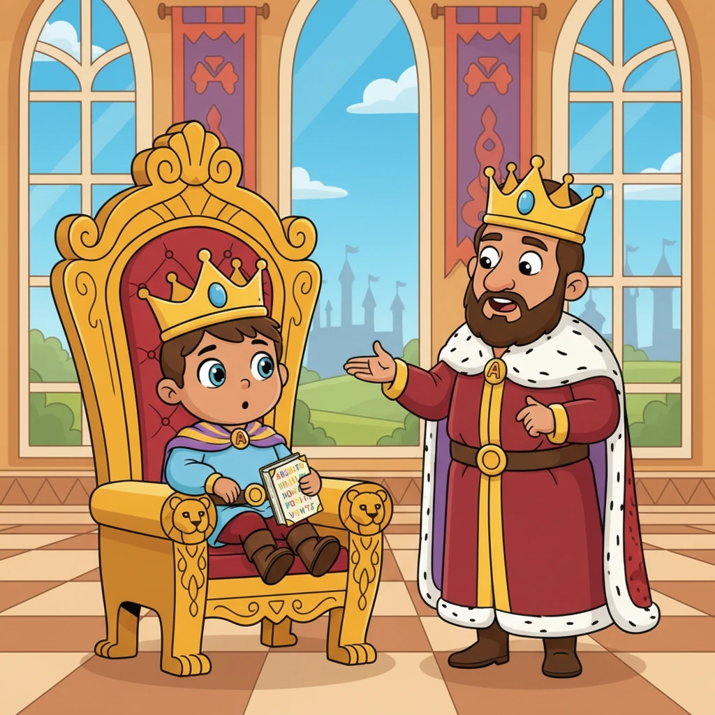 Little Prince Akhmet sat on his grand throne, looking a bit bored while his father, the King, discussed important royal matters. He perked up when he heard the King mention how crucial English was for connecting with kingdoms all over the world. A spark of curiosity lit up in Akhmet's eyes; he wanted to understand those faraway lands!
