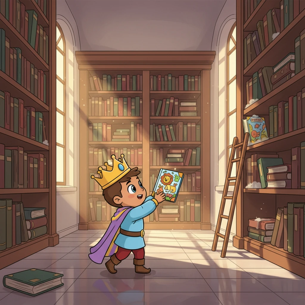 Later, Akhmet tiptoed into the magnificent royal library, a towering room filled with ancient books. Tucked away on a high shelf, he discovered a vibrant, dusty picture book. It was an English book, filled with cheerful illustrations of animals and simple words he couldn't quite read yet, but it sparked a wonderful sense of wonder.