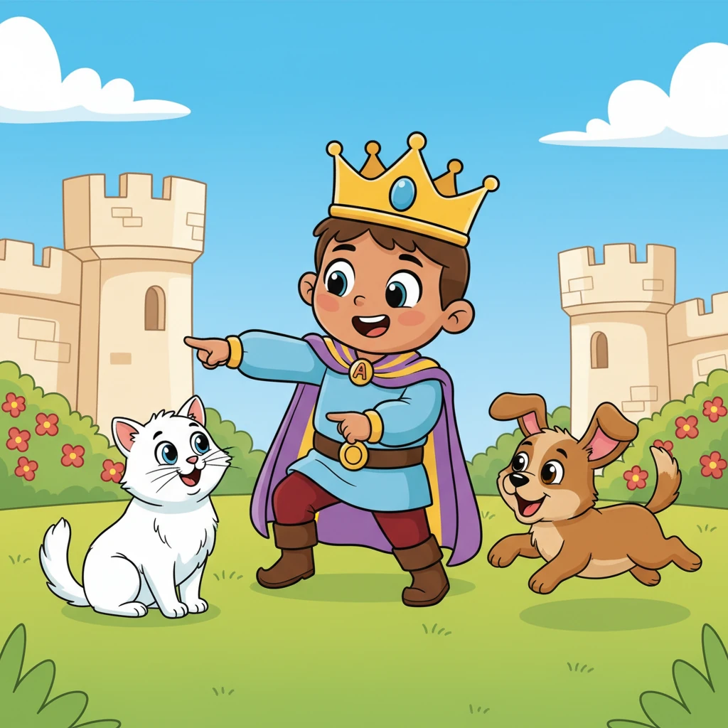 Akhmet practiced his new English words every day, even with his royal pets! He pointed to his fluffy white cat and said "cat," and the cat responded with a happy purr. Then he pointed to his playful brown puppy, exclaiming "dog," and the puppy wagged its tail enthusiastically, barking a joyful reply.